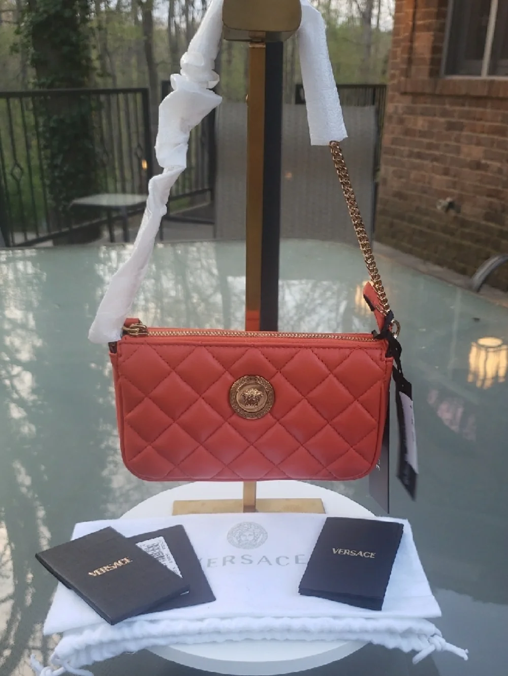 Versace Quilted Leather Shoulder Bag, Gold Medusa & Card Holder (Retail $1375)